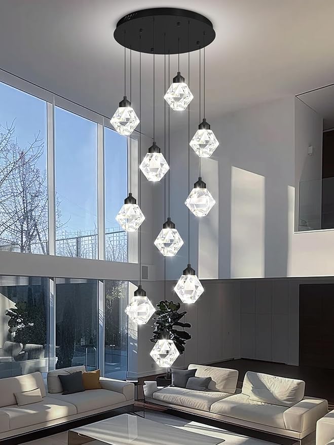 10-Light Chandelier Staircase Chandeliers for High Ceilings Crystal Chandeliers for Living Room Black Pendant Light Dimmable LED Hanging Light with Remote