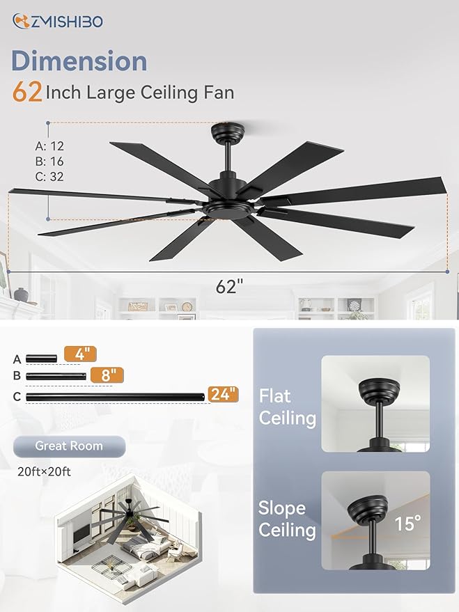 ZMISHIBO 62 Inch Ceiling Fan No Light with Remote Control, 8 Blades Quiet DC Reversible Motor, 6-Speed, Timer, Black Finish, Indoor Outdoor Ceiling Fans for Patios, Living Room, Garage