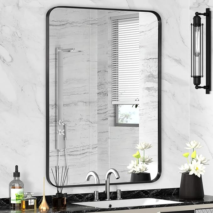 Wall Mount Mirror for Bathroom, Brushed Black Metal Framed Rounded Corner Rectangular Vanity Mirror (24" x 30", Black)