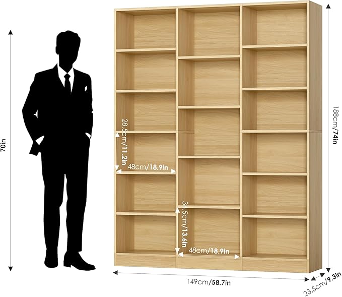 Triple Wide Bookshelf, 6 Tier Large Bookshelf, Bookcase with 17 Open Display Shelves, 74'' Tall Bookcases and Bookshelfs for Living Room, Home Office, Library, Natural