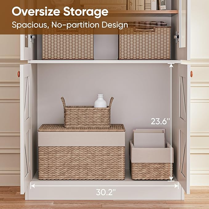 Vyre 71" Tall Farmhouse Kitchen Pantry, Set of 2 Large Storage Cabinets with Glass Doors, Adjustable Shelves, Wood Versatile Hutch Cabinet for Living Room, Dining Room