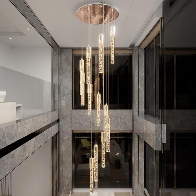 Flashing God Modern Crystal Chandelier Dimmable LED Silver Ceiling Light Crystal Bubble Pendant Lights High Ceiling Chandelier for Living Room Lobby Staircase Chandeliers LED Dimmable 2700K-6000K
