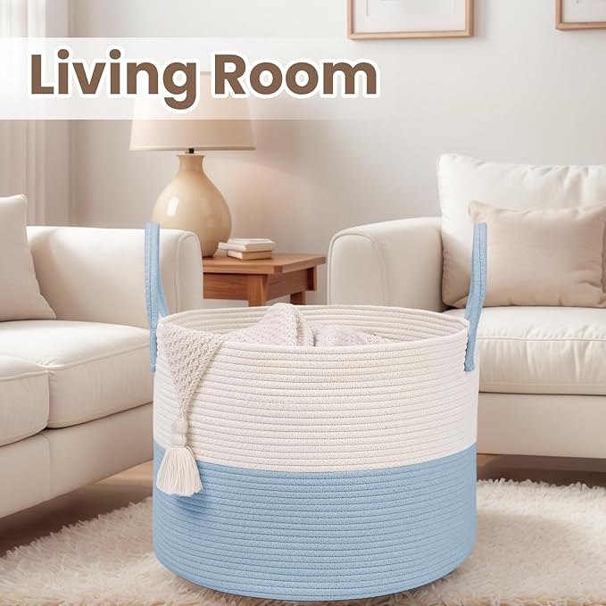 Woven Blanket Basket,65L Large Rope Storage Bin with Handles, Organizer for Blankets Toys Book and Clothes, Laundry Basket for Living Room Bedroom Nursery,White&amp;Blue