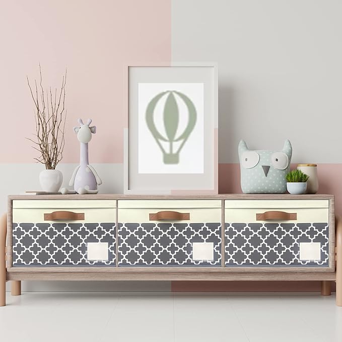 GhvyenntteS Large Fabric Storage Bins with Lids (6 Pack), Foldable Decorative Storage Boxes with Lids and 3 Handles, Sturdy Storage Baskets with Label Window for Home Office (White&amp;Lattice Gray)