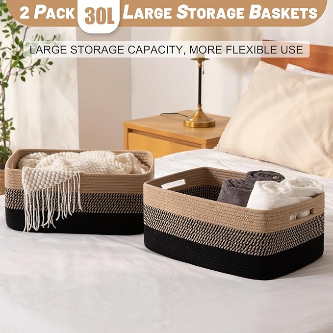 Large Storage Basket for Organizing, Woven Rope Basket for Shelves, Closet Organizer Bins for Clothes, Blanket, Toys, Baby Nursery Storage, 17.7" x 13" x 7.87", 2 Packs Black &amp; Brown