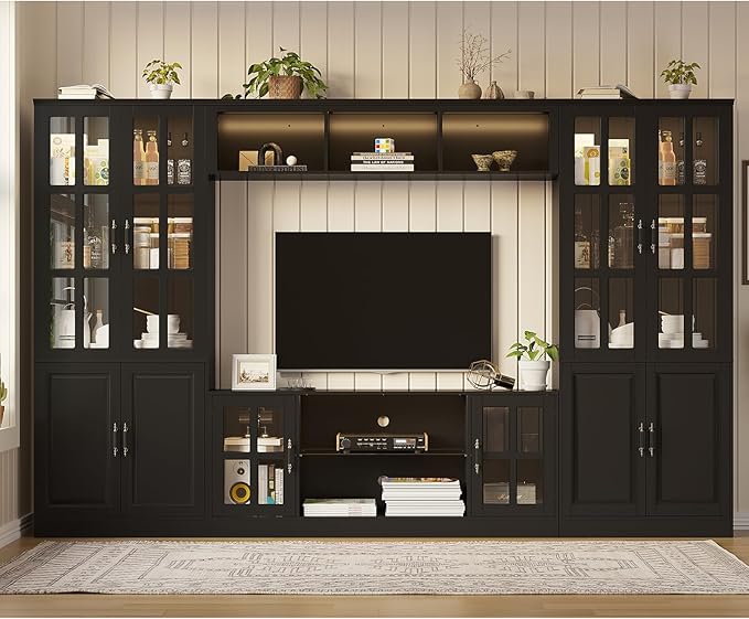 MEISSALIVVE 4-Piece Wall Unit TV Stand with Storage & LED Lights for TVs up to 75", Modern Entertainment Center with Bookshelves & 4-Door Pantry Cabinet, Black