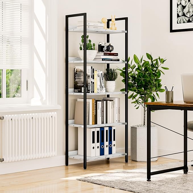 NUMENN Bookshelf, 5 Tier Bookshelfs, Home Office Bookcase Shelf Storage Organizer, Free Standing Storage Shelving Unit for Bedroom, Living Room and Home Office, White Marble