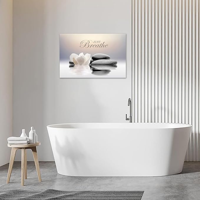Zen Stone Canvas Wall Art Just Breathe Yoga Quotes Poster for Spa Decor White Lotus Flower Pictures Prints for Bathroom Modern Spiritual Artwork Framed (20 x 30inches)