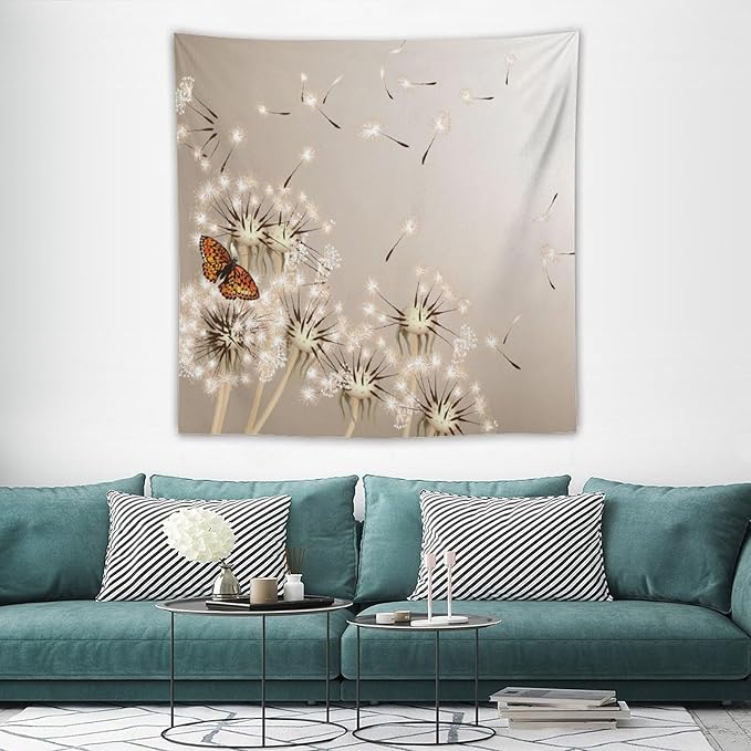 Nature Tapestry,Floral Dandelion Flying Butterfly Flower Plant Theme Print Tapestries for Living Room Party Beach Picnic Blankets Tablecloths Wall Decor, 60x60 in