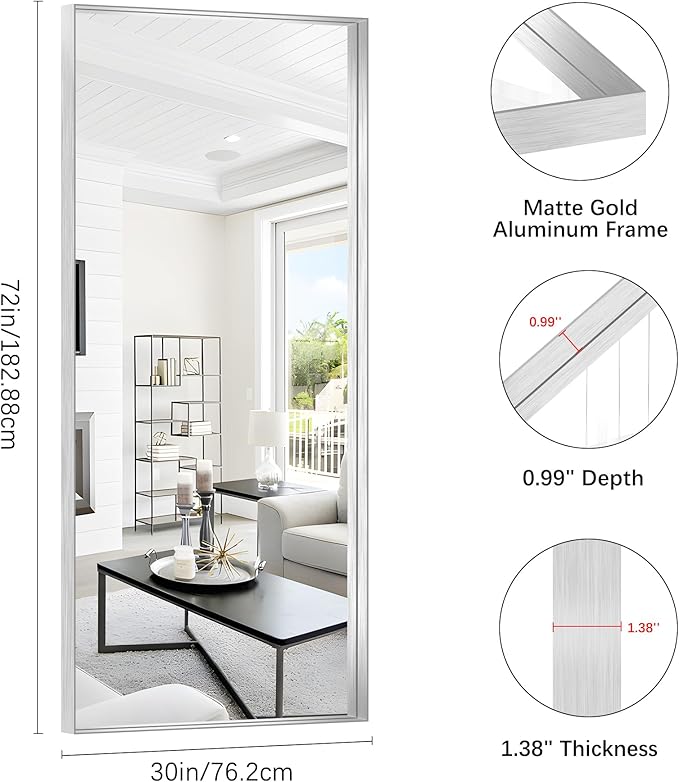 Silver Bathroom Mirror, 72x30 Inch Rectangular Deep Frame Mirror, Large Wall Mounted Bathroom Vanity Mirror Over Sink for Bedroom,Restroom, Living Room, Hangs Vertically or Horizontally