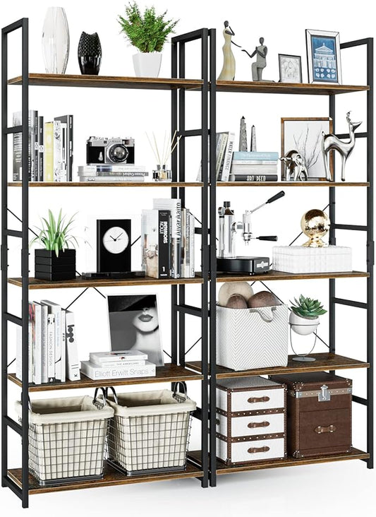 NUMENN 5 Tier Bookshelf, Set of 2 Tall Bookcase Shelf Storage Organizer, Modern Book Shelf for Bedroom, Living Room and Home Office, Vintage