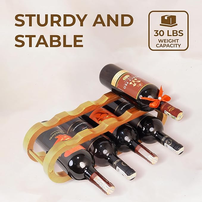 16" Acacia Wood Wine Rack, Elegant 8-Bottle Wooden Countertop Display, Modern Compact Storage Stand for Kitchen, Bar, or Dining Room Decor, Durable & Convenient