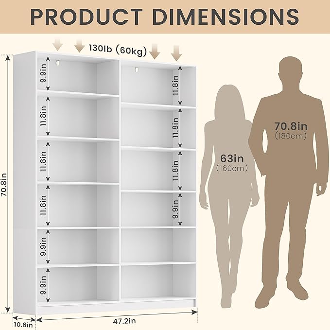 6 Tier Large Bookshelf, 70.8 Inch Tall Bookshelf and Bookcases for Living Room, Study Room, Home Office Library，White Bookcase with 12 Open Shelves.