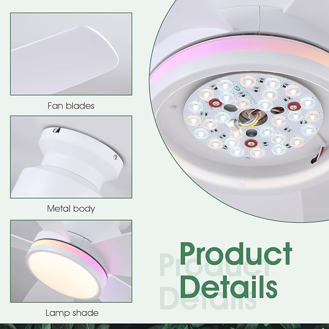 Ceiling Fans with Lights and Remote/APP Control, 41" Low Profile Ceiling Fan with Dimmable White Lights+RGB Ring Lights, 5 Reversible Curved Blades 3 CCT 6 Speeds for Bedroom Living Room, White