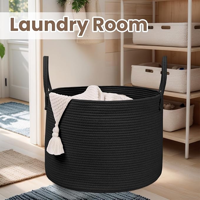 Woven Blanket Basket,65L Large Rope Storage Bin with Handles, Organizer for Blankets Toys Book and Clothes, Laundry Basket for Living Room Bedroom Nursery,Black