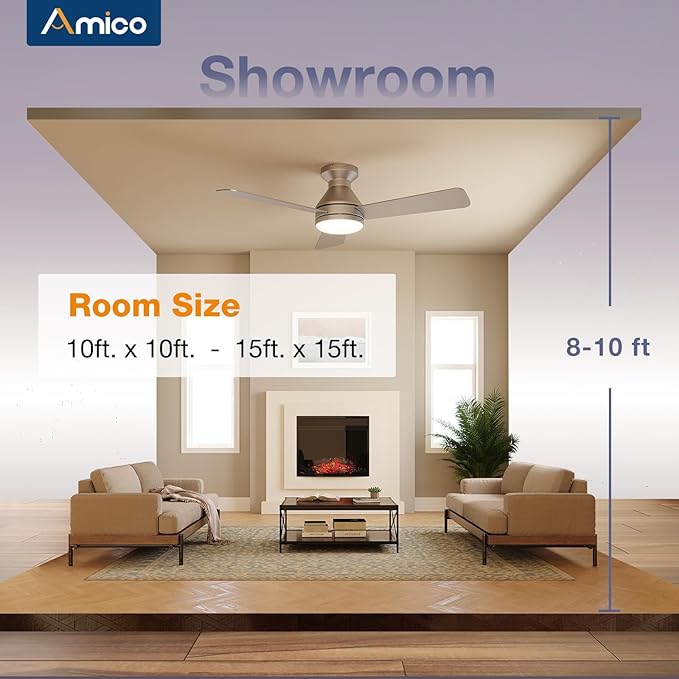 Amico Ceiling Fans with Lights, 42 inch Low Profile Ceiling Fan with Light and Remote Control, Flush Mount, Reversible, 3CCT, Dimmable, Noiseless, Nickel Ceiling Fan for Bedroom, Indoor/Outdoor Use