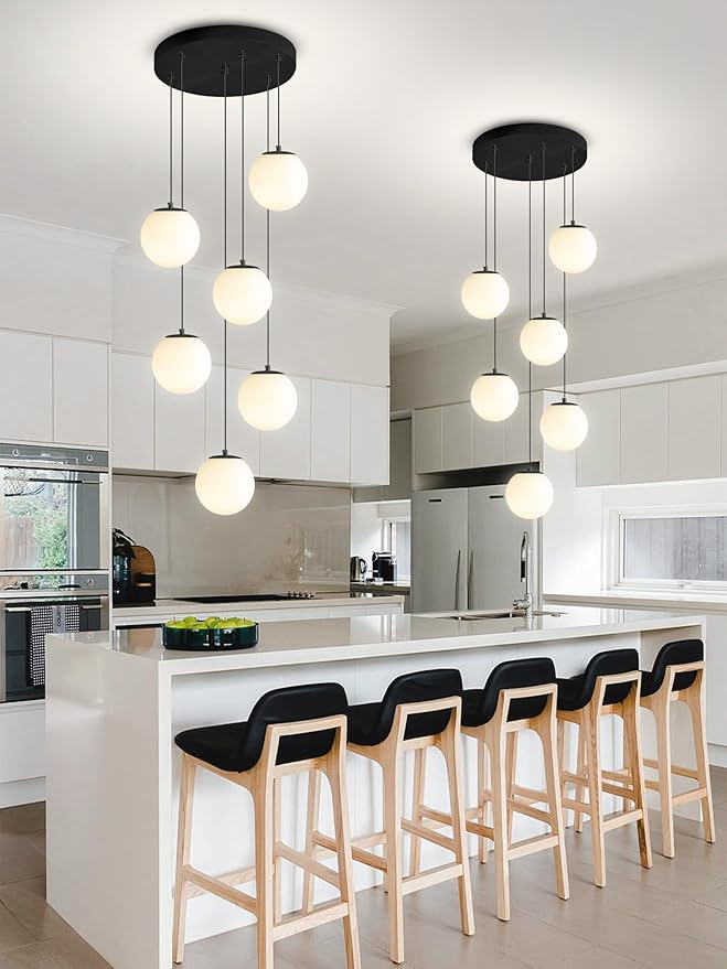 H 87in Globe Pendant Light 6-Lights Modern Hanging Chandelier for Kitchen Island Black Globe Chandelier Milk White Glass Pendant Lighting for Living Room Bedroom Entryway