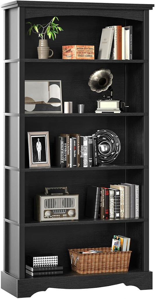 TVU 5-Tier Wooden Bookshelf, 65 Inch Tall Bookshelf with Storage, Floor Standing Modern Style Display Bookcase for Living Room, Office, Study Room, Entryway, Black