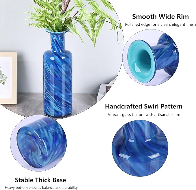 LCCCK 13" Tall Glass Vase Pretty Hand Blown Glass Vase, Unique Colorful Flower Vases for Bouquet, Modern Sea Art Decorative Vase for Home Living Room Kitchen Bathroom Dining Table Centerpieces