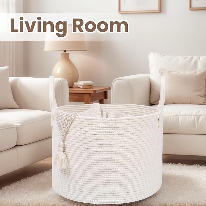 Woven Blanket Basket,65L Large Rope Storage Bin with Handles, Organizer for Blankets Toys Book and Clothes, Laundry Basket for Living Room Bedroom Nursery,White