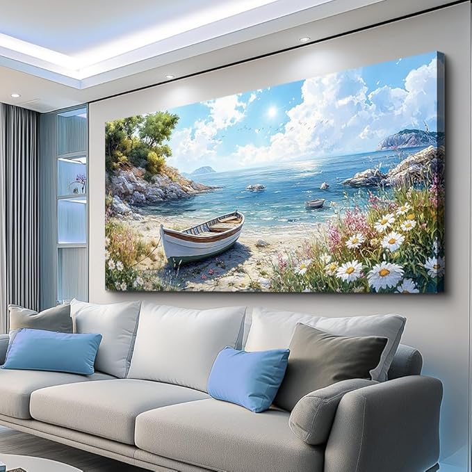 ZUITINGHUA Canvas Wall Art For Living Room Large Wall Decor For Office Bedroom Decorations Seaside Boat Landscape Pictures Farmhouse Painting Artwork Room Wall Mural Aesthetic Home Decor 30x60 In