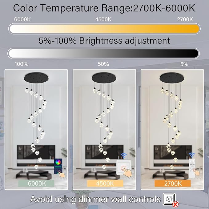 H142in Modern Crystal Chandeliers Large Chandeliers for High Ceiling Black Pendant Light Fixture 26-Lights Large Pendant Light for Staircase Living Room Hallway Entryway