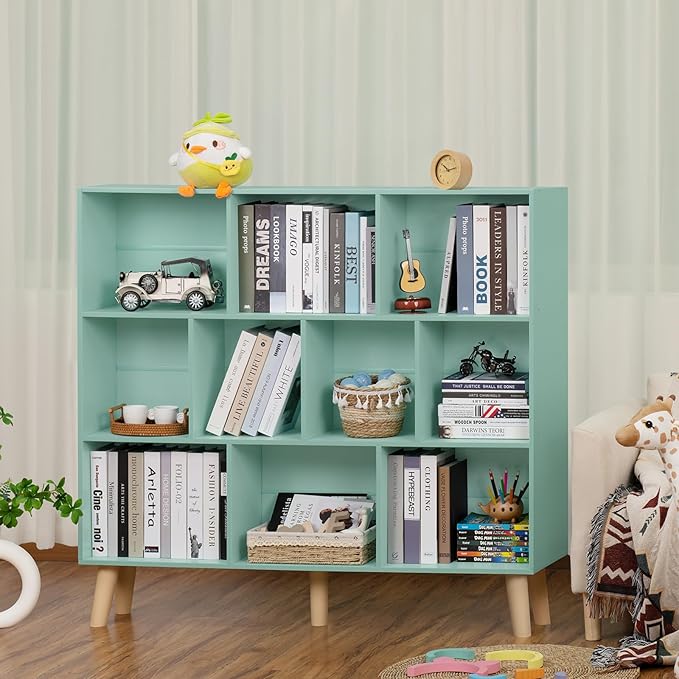 LEYAOYAO 10 Cube Bookshelf,3 Tier Modern Wide Bookcase with Legs,Mid-Century Wood Bookshelfs Storage,Mint-Green Large Book Case,Freestanding Organizer Display Shelf for Bedroom,Living Room,Office