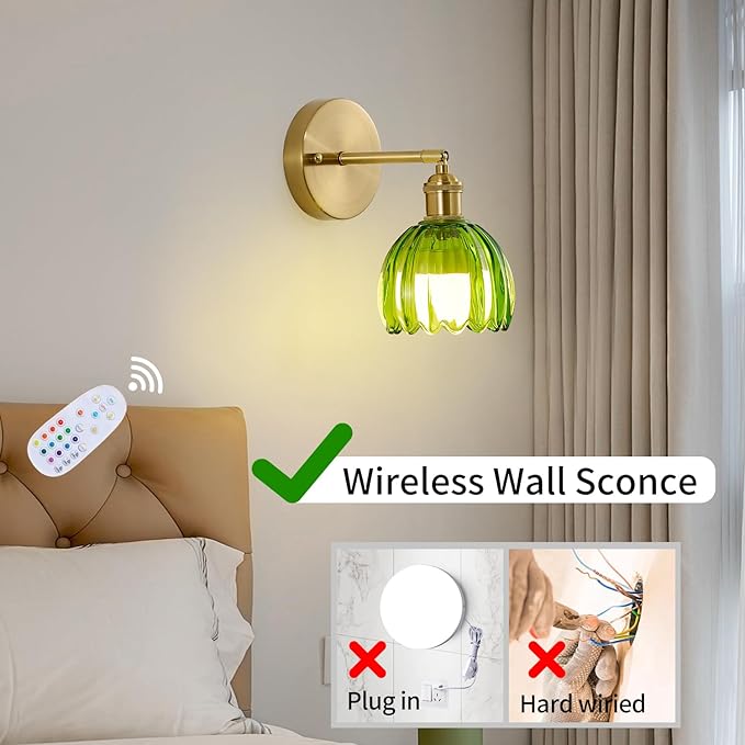 Vintage Battery Operated Wall Sconce 1 Pack, Green Tulip Glass Shade Gold Wall Lamp with 12 Inch Cable Switch, Modern Bathroom Wall Sconces for Bedroom Corner Hallway