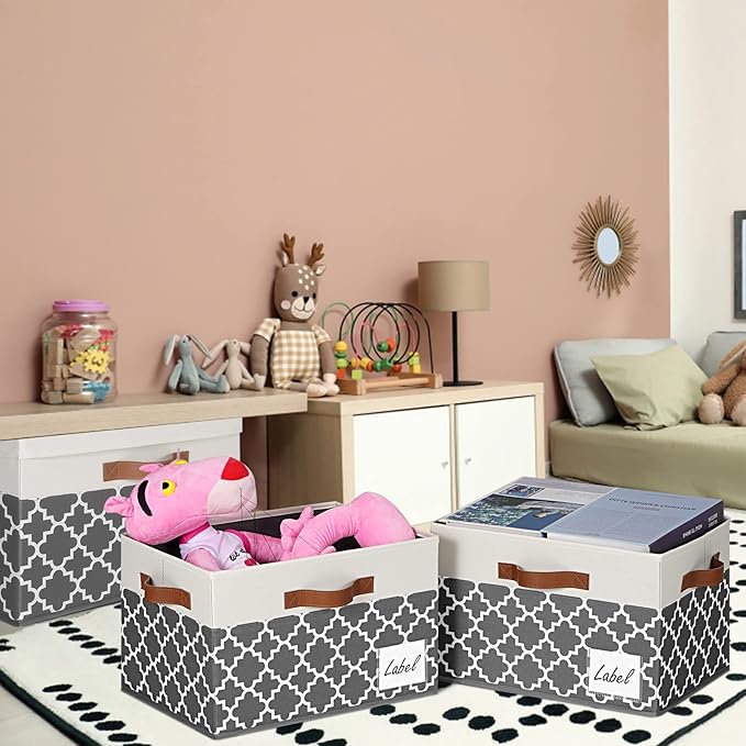 GhvyenntteS Large Fabric Storage Bins with Lids (6 Pack), Foldable Decorative Storage Boxes with Lids and 3 Handles, Sturdy Storage Baskets with Label Window for Home Office (White&amp;Lattice Gray)