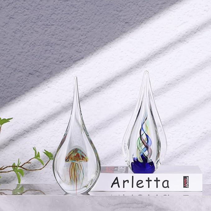 DOVDOV Blown Glass Sculpture, Blue Glass Art Collection Statue, Unique Mediterranean Water Drops Decorative Statue for Office, Bookshelf, Dresser, Living Room Coffee Table, Mantelpiece Filler