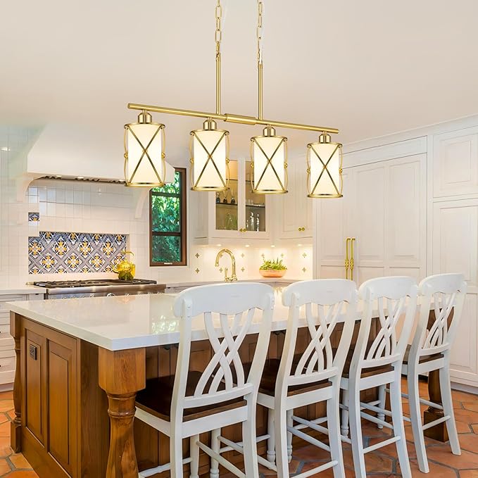 4-Light Kitchen Island Lighting, Brushed Gold Linear Dining Room Light Fixtures with Milk Glass, Modern Industrial Chandelier Pendant Light for Kitchen Island Dining Room, CH9176BGW-4IS