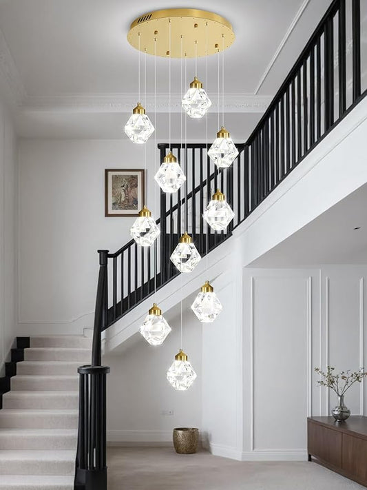 10-Light Modern Chandelier for Entrance Crystal Chandeliers for Living Room Gold Pendant Light Fixture Staircase Chandeliers for High Ceilings Dimmable LED Hanging Light with Remote