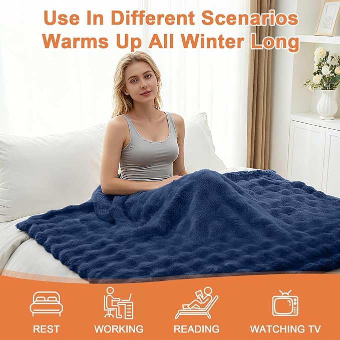 Heated Blanket Electric Throw Blanket 84''X 90''-Heating Blanket with 6 Heat Settings-4/10 Hours Auto Off,Cozy Faux Rabbit Fur Bubble Electric Blanket,Navy Blue