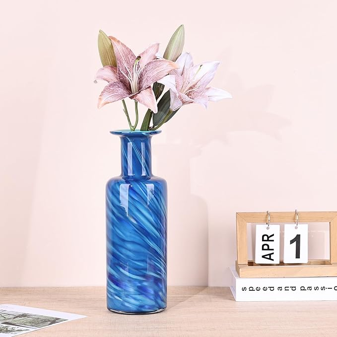 LCCCK 13" Tall Glass Vase Pretty Hand Blown Glass Vase, Unique Colorful Flower Vases for Bouquet, Modern Sea Art Decorative Vase for Home Living Room Kitchen Bathroom Dining Table Centerpieces