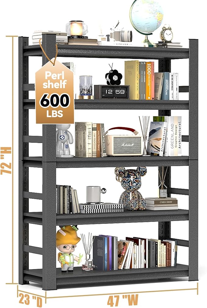 Book Shelf 5-Tier Adjustable Heavy Duty Metal Wide Book Shelves Modern Tall Bookshelf Storage Shelving Organizer for Living Room, Bedroom, Home, Office, Black (72" ​​H*23" D*47" W)