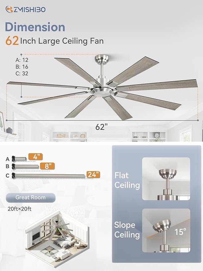 ZMISHIBO 62 Inch Ceiling Fan No Light with Remote Control, 8 Blades Quiet DC Reversible Motor, 6-Speed, Timer, Brushed Nickel Finish, Indoor Outdoor Ceiling Fans for Patios, Living Room, Garage