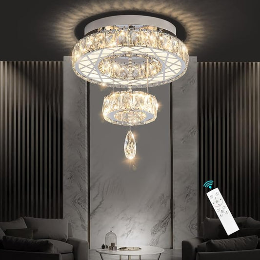 16 Inches Glam Chandelier Bedroom LED Light Fixtures Modern Ceiling Lighting for Hallway Kitchen Dining Room Remote Dimmable Silver Ceiling Light