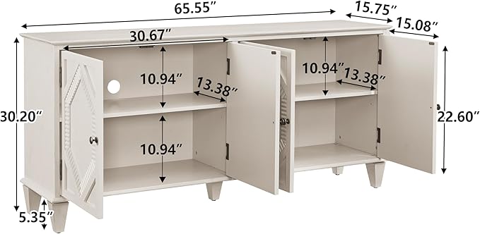 healthomse 65.2" Large Sideboard Buffet Cabinet with Storage, Symmetrical Geometric Accent Coffee Bar Wine Bar White Storage Cabinet, Console Table for Living Room/Entryway/Kitchen