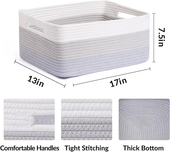 Large Storage Baskets for Shelves, Closet Organizers Bins for Clothes Blanket Towels, Baby Nursery, Toy Baskets Box, Woven Rope Baskets, 17 x 13 x 7.5”, 3 Packs Gradient Gray