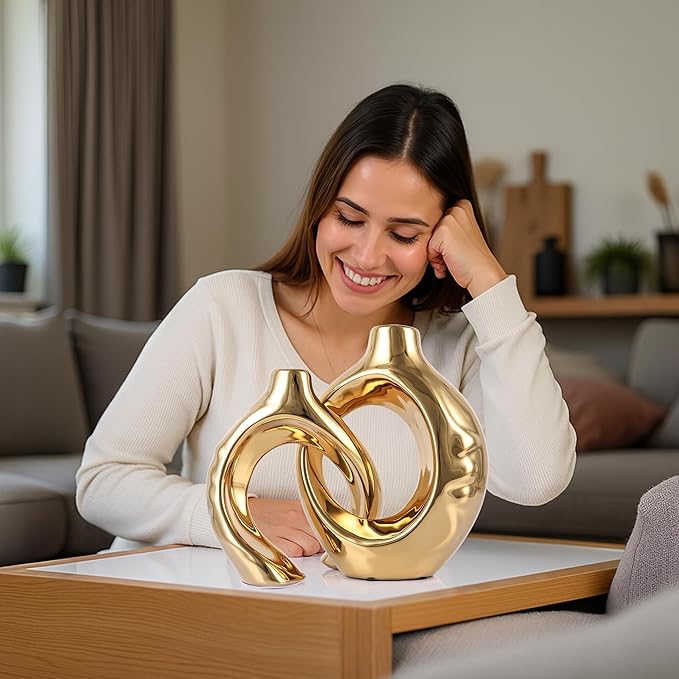 LCCCK Gold Ceramic Vases for Home Decor, Boho Vase for Flowers Pampas Grass Decorative, Hollow Donut Small Vase for Living Room Table Wedding Centerpiece Modern Vases (Gold)