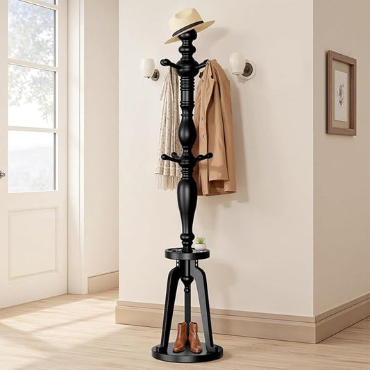 Coat Rack with 8 Hooks, Hall Tree Freestanding with Tray, Wood Coat Tree Heavy Duty with Round Base, Standing Coat Rack, Load Capacity 220 lb, Coat Hanger Stand for Entryway Hallway Office (020-HS)