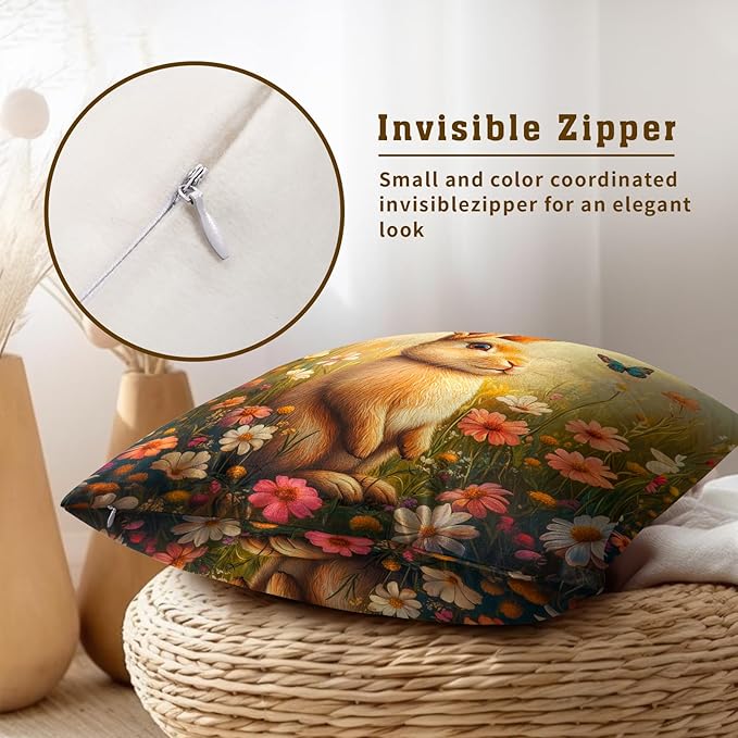 Giwawa Easter Bunny Throw Pillow Covers 18x18 Inch Flower Butterfly Decorative Pillowcase Set of 2 Couch Cushion Case for Sofa Home Living Room