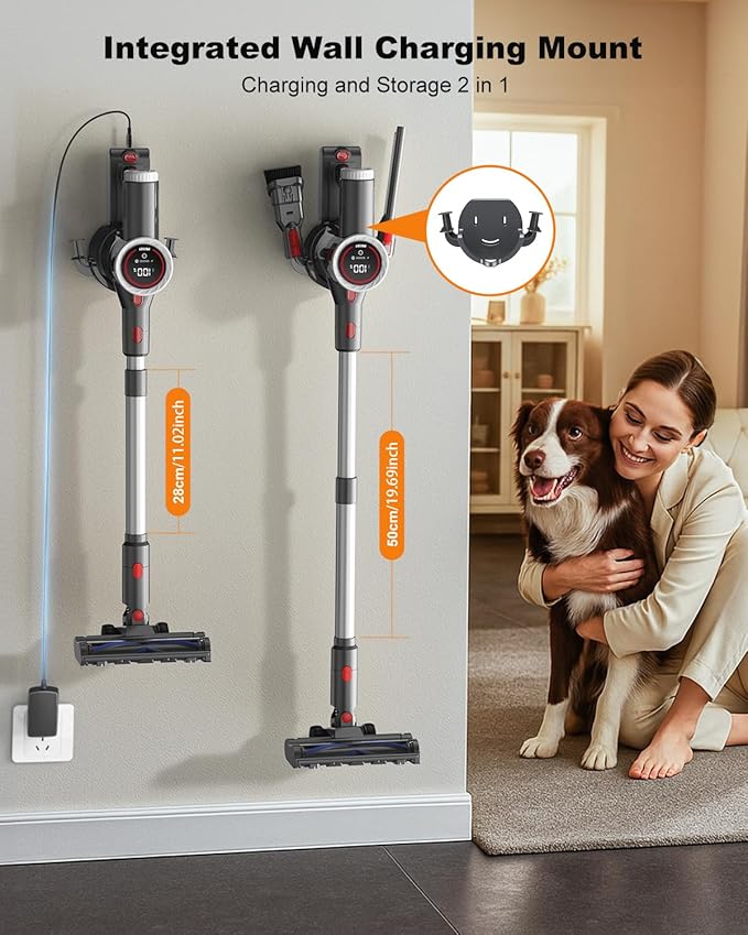 Cordless Vacuum Cleaner, 6-in-1 Lightweight Stick Vacuum with 45mins Runtime, LED Display &amp; Light, Self-Standing, Rechargeable Cordless Vacuum for Carpet, Tile, Pet Hair, Hardwood Floors (Gray)