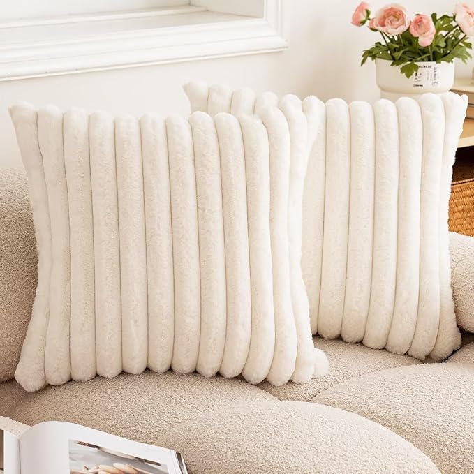 Double-Sided Faux Fur Plush Throw Pillow Covers 18x18 Set of 2 Fuzzy Striped Soft Cozy Pillowcase Luxury Decorative Pillows Square Shaggy Cushion Covers for Couch Sofa Bed,Cream White