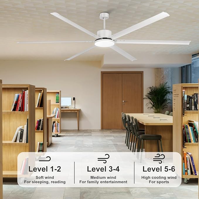 100" Industrial Ceiling Fan with Lights, Large Ceiling Fans with Remote 6 Reversible Aluminum Blades DC Motor 3CCT, Indoor Outdoor Commercial Ceiling Fan for Garage Shop Patio, White