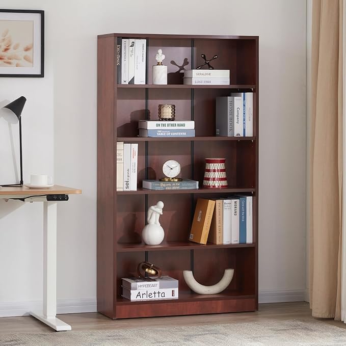 STARY 5 Shelf Cherry Bookcase 60 inch Tall Wood Bookshelf for Bedroom