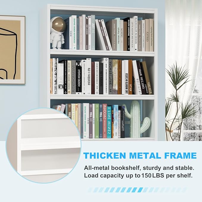 69" White Bookshelf, 5 Tier Tall Bookcase with Bookend, Large Metal Book Shelf Display Storage Shelves for Bedroom Living Room Office