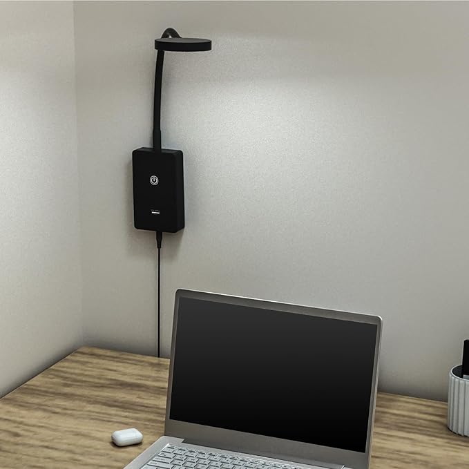 Touch Dimmable LED Wall Mounted Bedside Reading Light, Black Flexible LED Wall Reading Lamp for Nightstand in Bedroom, 120° Wide Angle Neutral White Lighting, with 5V2A USB Output Port