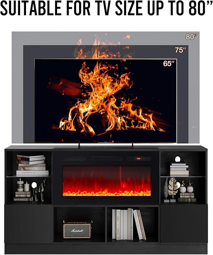 oneinmil Fireplace TV Stand with 36” Electric Fireplace, 70” TV Console Stand for TVs Up to 80", LED Light Entertainment Center, Fireplace for The Living Room TV Stand, Set of Table, Black