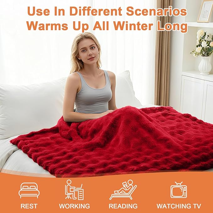 Heated Blanket Electric Throw Blanket 84''X 90''-Heating Blanket with 6 Heat Settings-4/10 Hours Auto Off,Cozy Faux Rabbit Fur Bubble Electric Blanket,Red